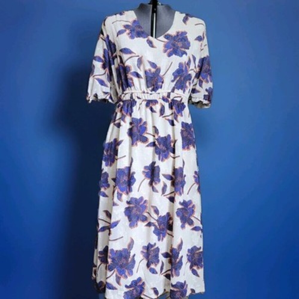 DRAPER JAMES RSVP Womens Jacquard Woven Midi Dress Floral Ivory Navy Size L NEW